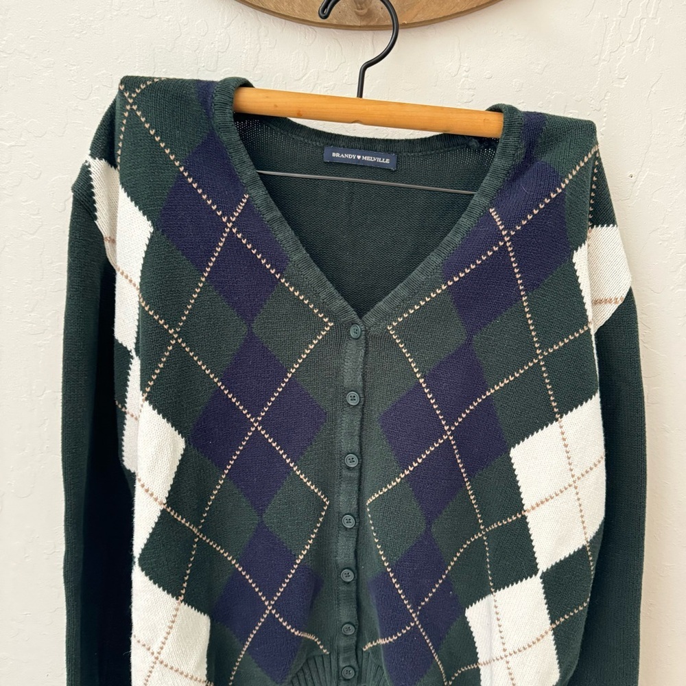 brandy melville argyle cardigan Green Navy Blue White One Size - Picture 4 of 8